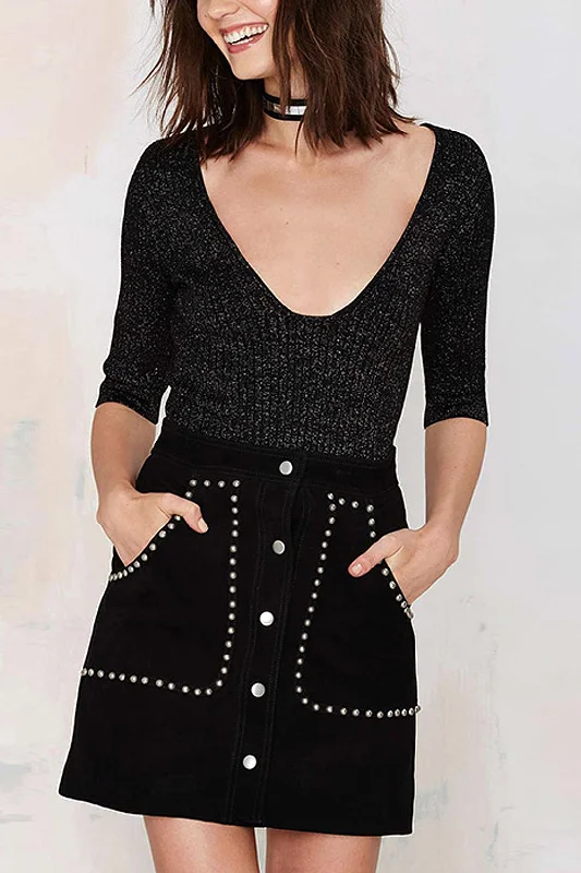 Act Fast Custom V-Neck Backless Half Sleeve Black Top