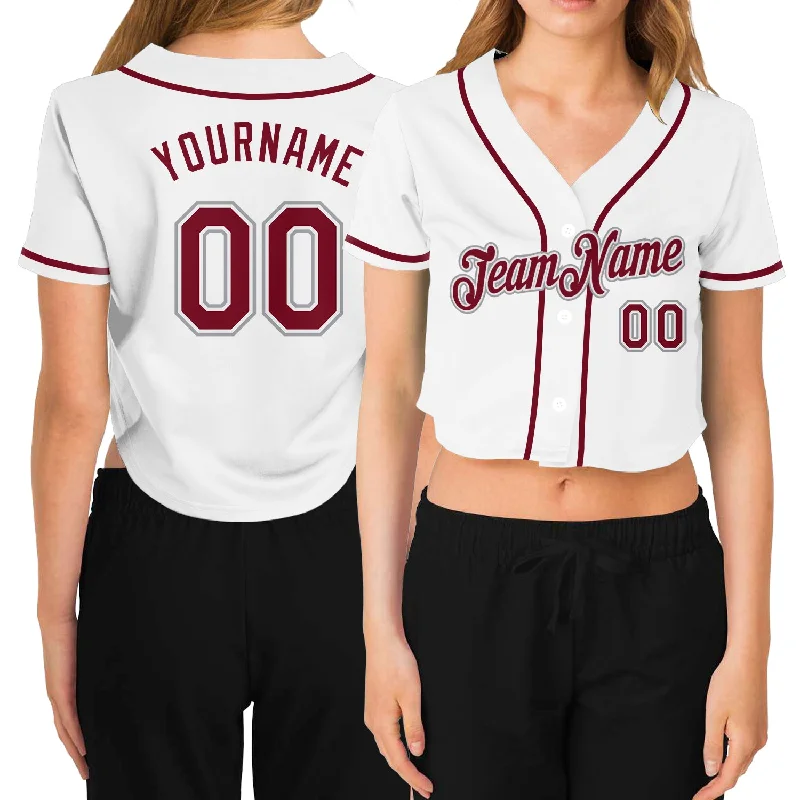 Special Buy Custom Women's White Crimson-Gray V-Neck Cropped Baseball Jersey