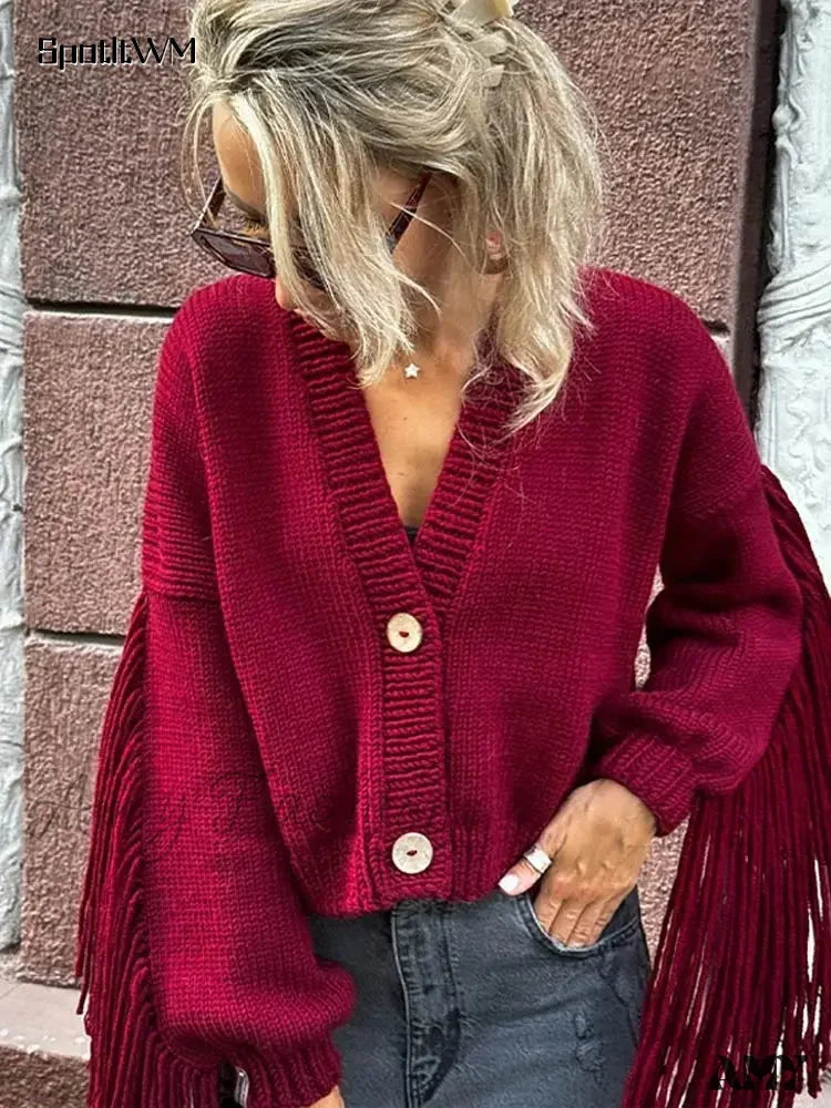 Deal Zone Red Tassels Patchwork V Neck Christmas Sweater