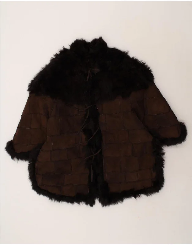 Weekend Deal VINTAGE Womens Shearling Poncho Coat IT 42/44 Medium Brown Check Leather