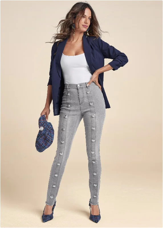 Weekend Price Cuts Galore High Rise Button Detail Skinny Jeans - Grey Denim