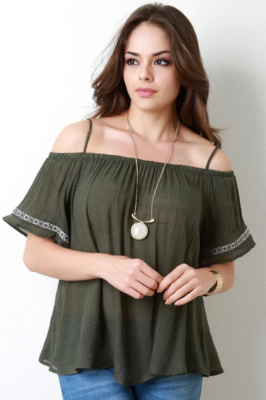 Major Savings Cold Shoulder Embroidered Sleeve Woven Top