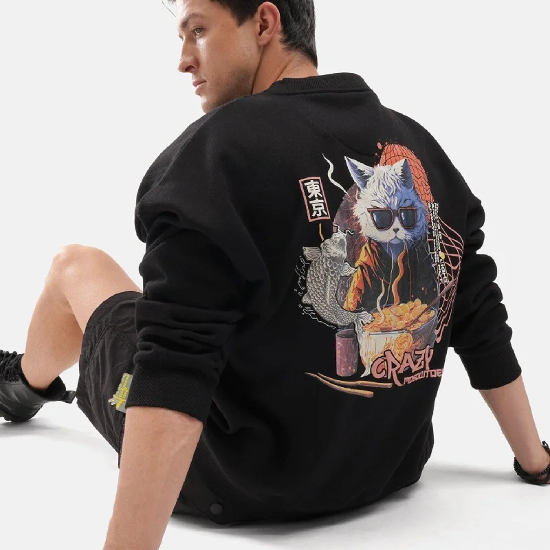 Ramen Cat Oversized Fleece Sweatshirt in Black