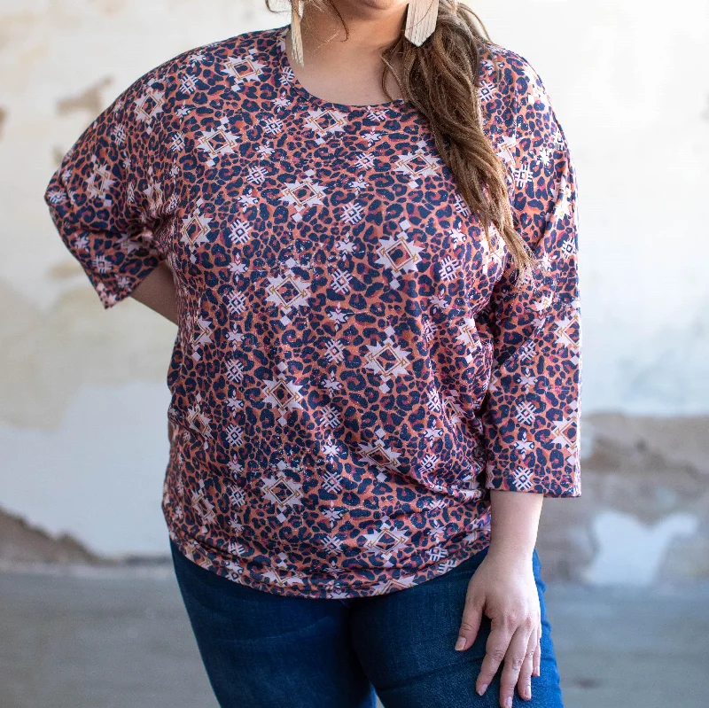 Shop and Save LEOPARD AZTEC PRINTED 3/4 SLEEVE DOLMAN TOP