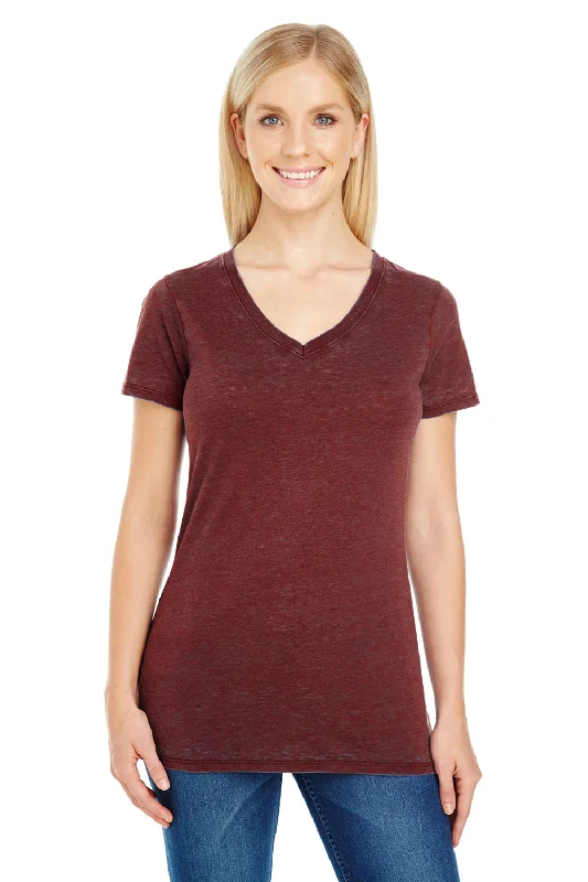Today Only Threadfast Apparel Womens Cross Dye Short Sleeve V-Neck T-Shirt - Black Cherry Red