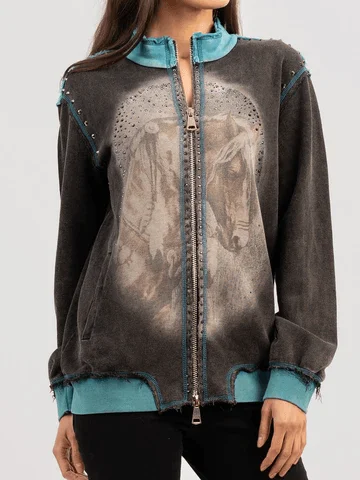 Weekend Bargains to Love Delila Women Mineral Wash Color Spray Horse Graphic Coat