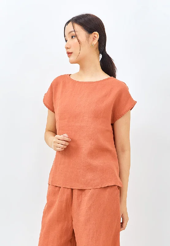 Sale Alert Linen Short Sleeve Top in Burnt Orange