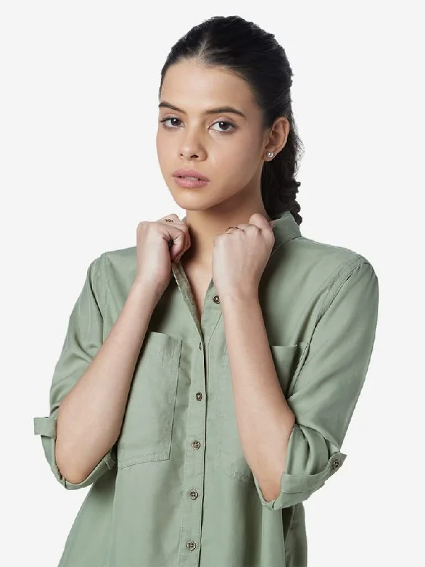 Big Savings LOV Sage Green High-Low Chambray Casual Shirt