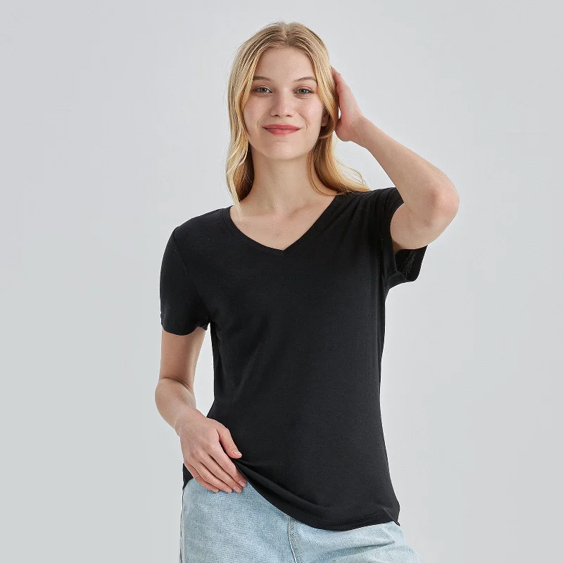 Weekend Offers That Tempt Women’s Merino 170g V-Neck  Short Sleeve T-Shirt  Black