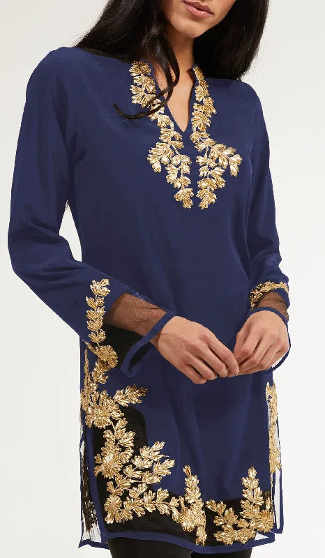 Deal of the Day Mahnaz Gold Embellished Long Modest Tunic - Sapphire