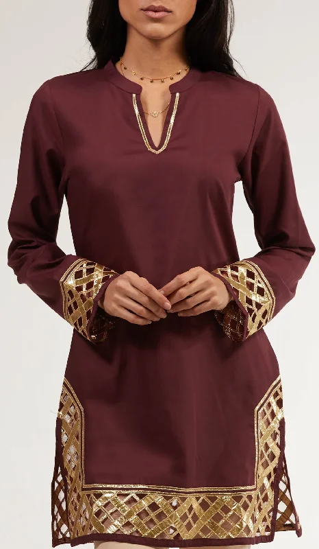Year-End Clearance Behnaz Gold Embellished Long Modest Tunic - Orchid