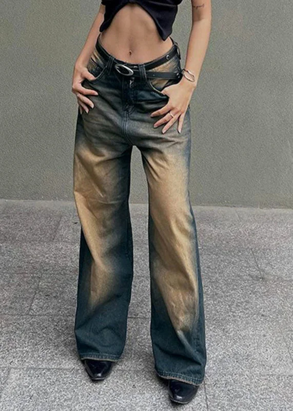 Instant Savings French Gradient Color Pockets Patchwork Denim Straight Pants Summer