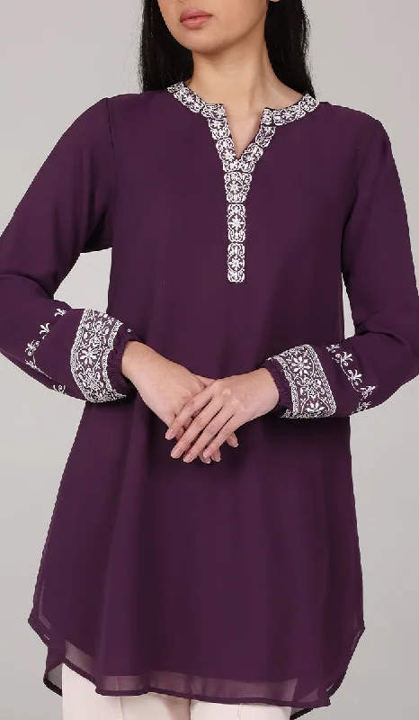 Last Chance Amalie Embroidered Long Modest Tunic - Eggplant