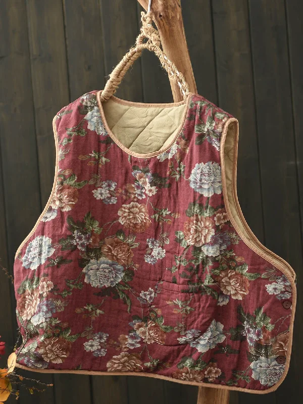 Deal Frenzy Babakud Women Winter Retro Printed Floral Cotton-Linen Quilted Vest