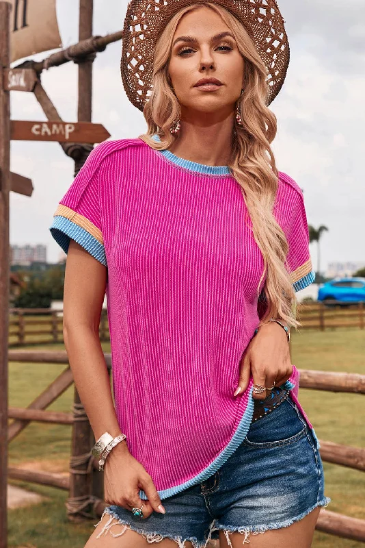 Price Reduction Textured Contrast Trim Round Neck T Shirt