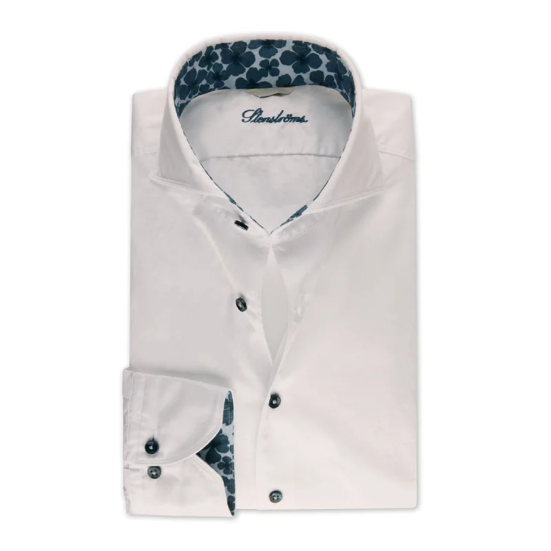 White Garment Wash Slimline Casual Shirt with Blue Floral Trim