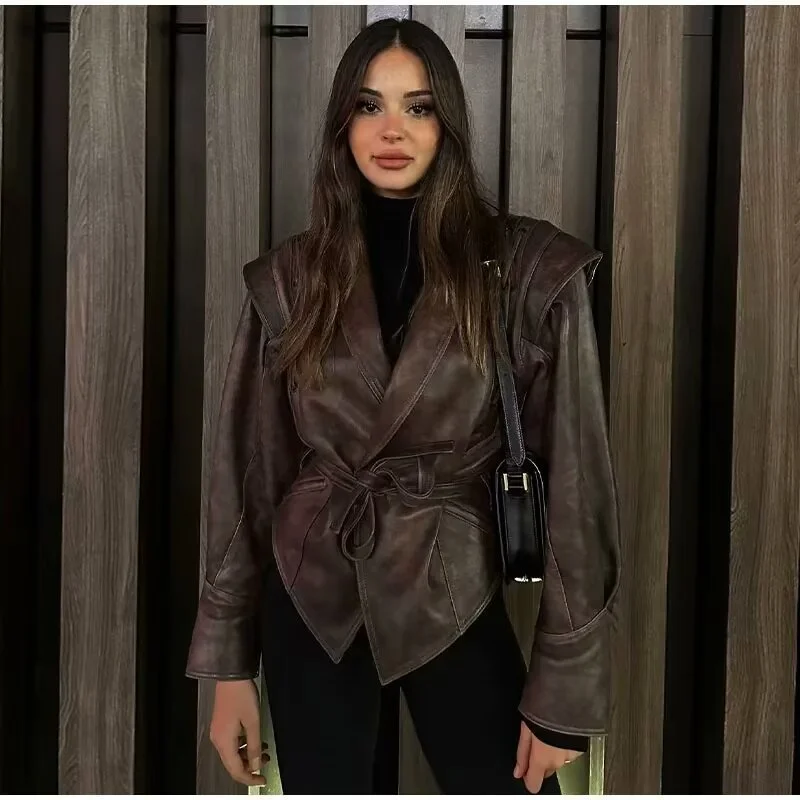 Referral Discount All-match Retro Green Collar Single-breasted With Belt Leather Coat Women