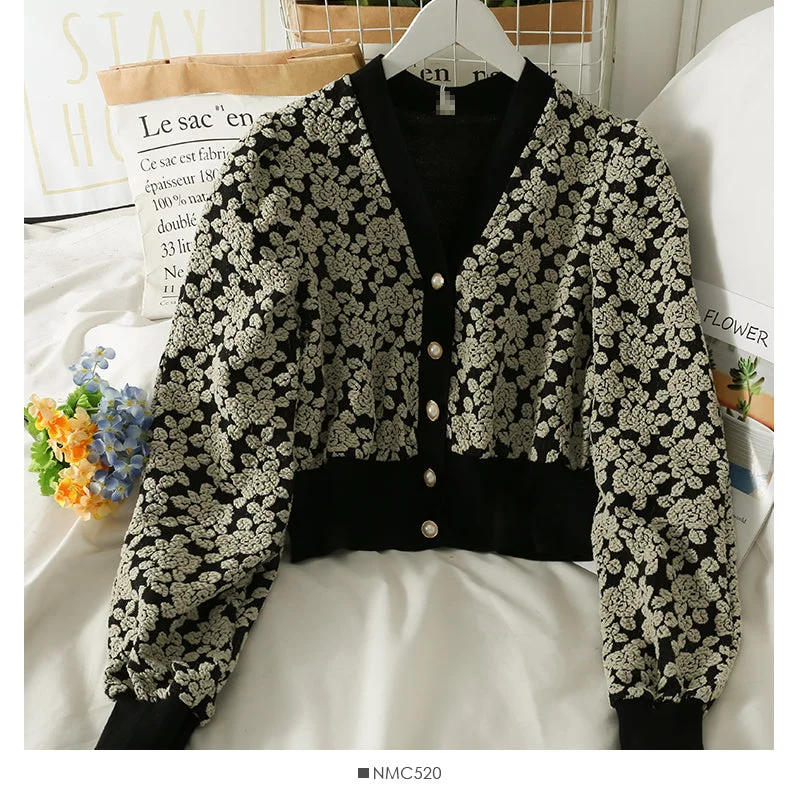 Closeout Printed single breasted sweater women's V-neck slim long sleeved sweater  1877