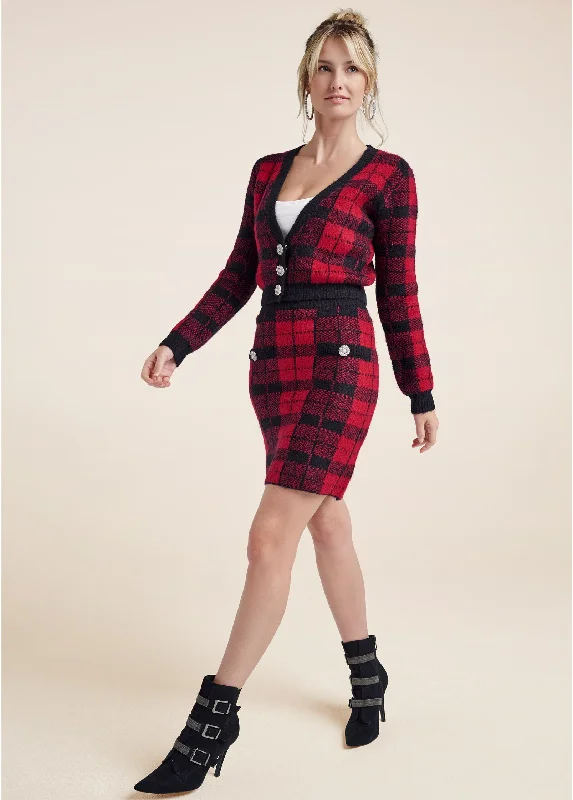 Discount Days Plaid Sweater And Skirt Set - Black & Red