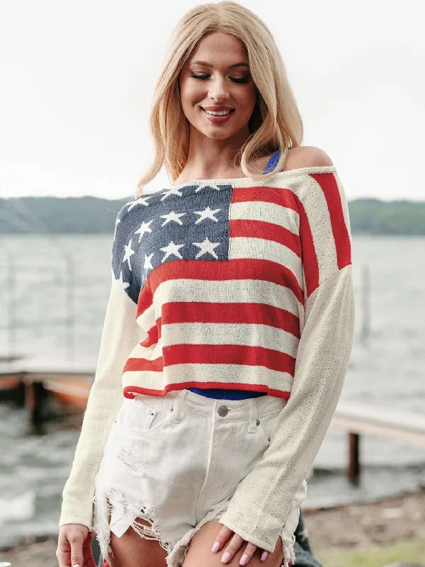 Discount Deals US Flag Boat Neck Long Sleeve Knit Top