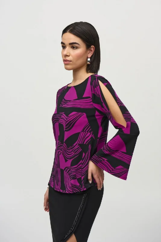 Crazy Deal Joseph Ribkoff Empress/Black Abstract Print Flared Slit Sleeve Top 244111