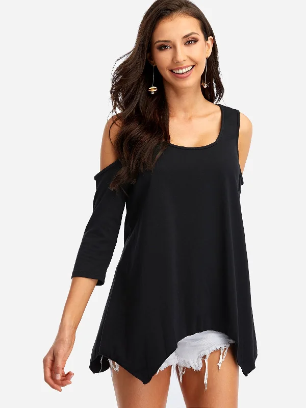 Best Deals OEM ODM Crew Neck Cold Shoulder Half Sleeve Irregular Hem Black T-Shirts