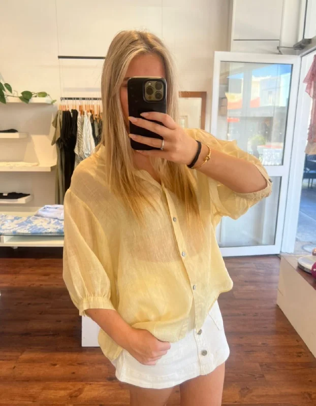 The Best Prices River Button Down Collarless Sheer Linen Shirt in Lemon