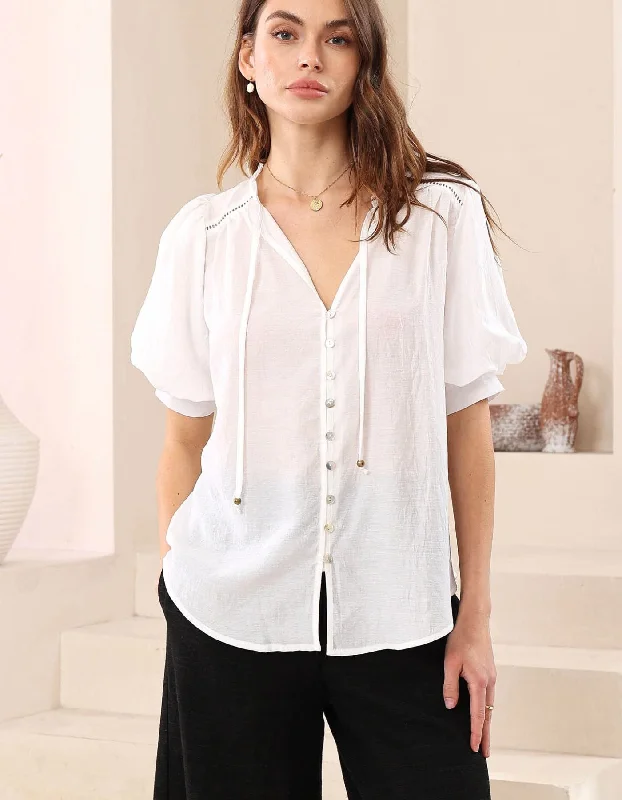 Year-End Clearance Paris Bulb Sleeve Button Down Top in White