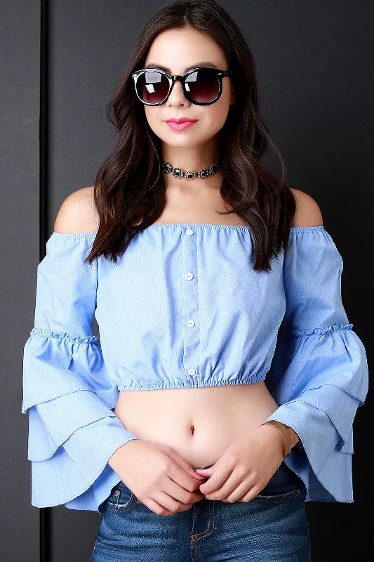 Super Deal Bardot Button Accent Layer Ruffle Sleeves Top