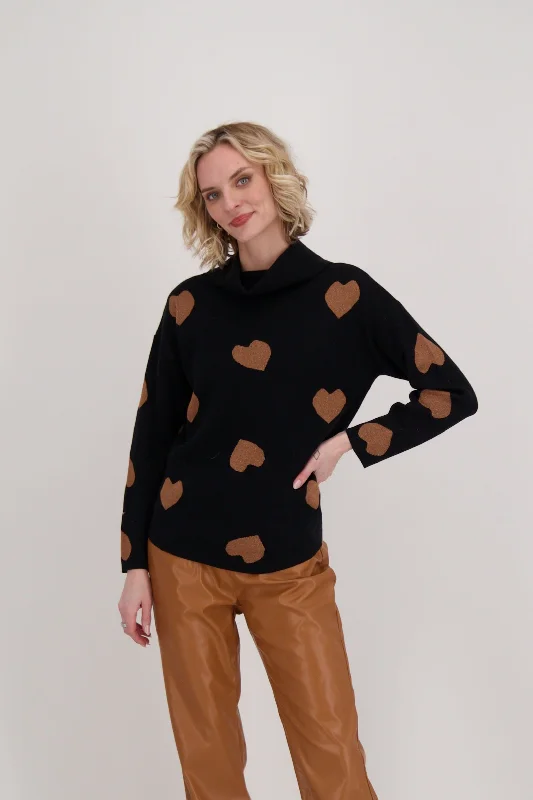 Limited Quantity Brown Hearts Mock Neck Sweater With Back Tie-Up