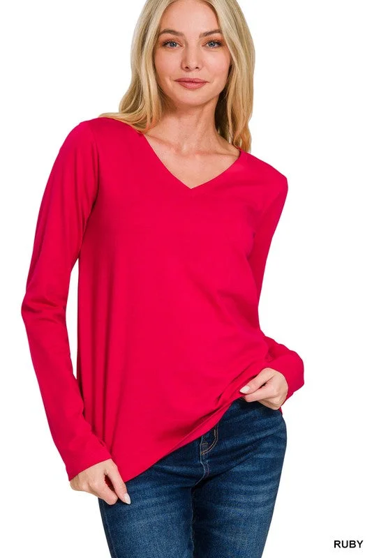 Low Prices RUBY COTTON V-NECK LONG SLEEVE T-SHIRT S-XL