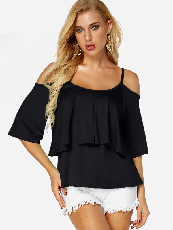Overstock OEM ODM Cold Shoulder Plain Half Sleeve Black T-Shirts
