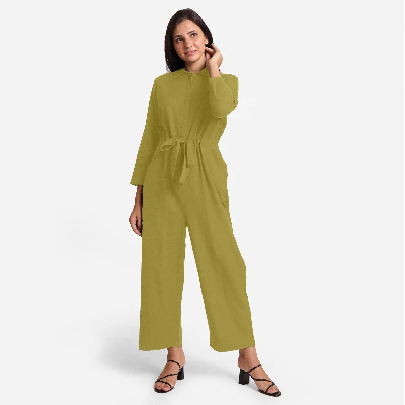 Weekend Deal Green Flat Collar Cotton Flax Elasticated Wide Legged Overall
