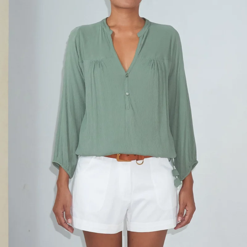 Quick Sale BKLN TOP - Crinkled Rayon | Light Olive Green