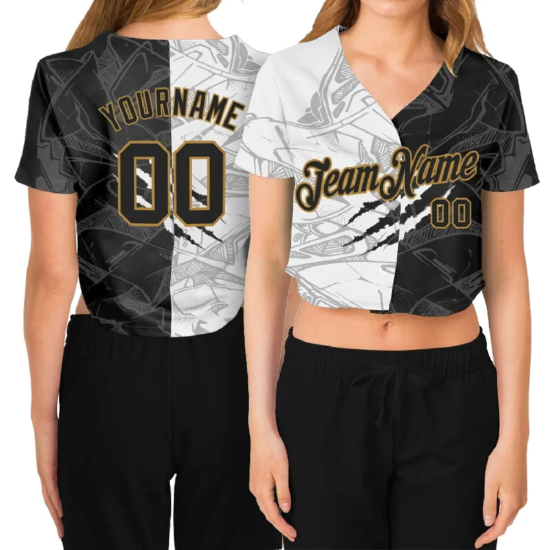 Weekend Specials to Enjoy Custom Women's Graffiti Pattern Black-Old Gold Scratch 3D V-Neck Cropped Baseball Jersey