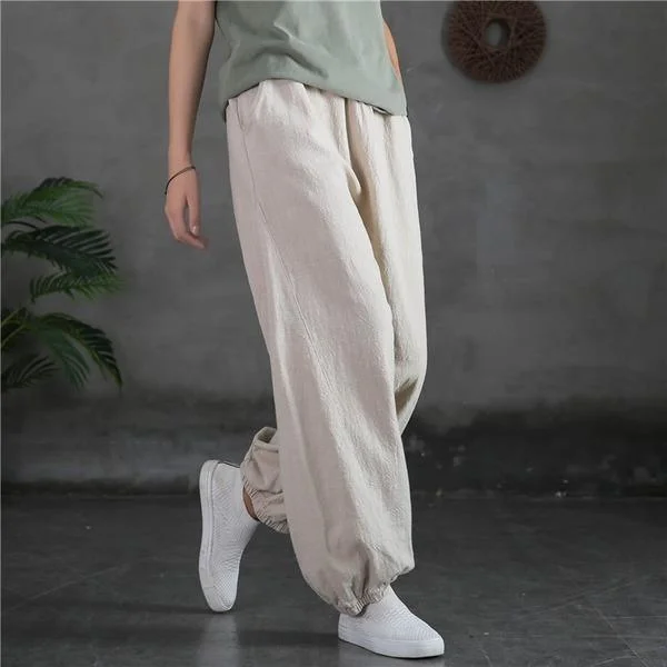 Instant Savings Loose Ramie Elastic Waist Pants Loose Vintage Solid Color Trousers