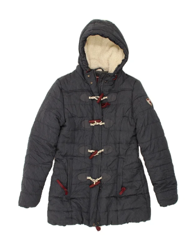 Closeout Sale SUPERDRY Womens Hooded Duffle Padded Coat UK 12 Medium Navy Blue Polyester