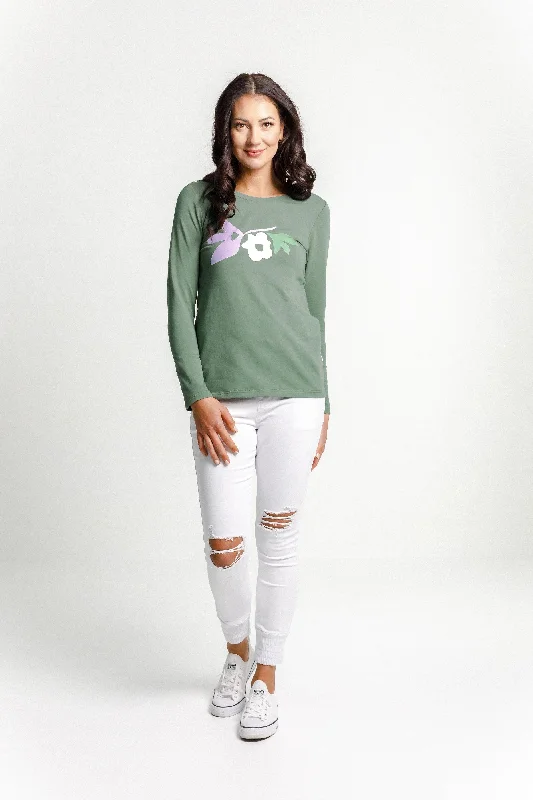 Great Deal Long Sleeve Taylor Tee - Moss With Floral Print