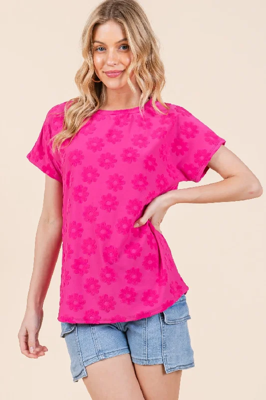 Super Bargain BOMBOM Textured Floral Pattern Short Sleeve T-Shirt