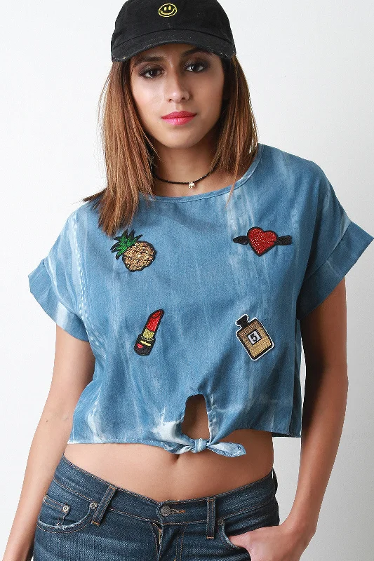 Weekend Specials to Love Acid Wash Chambray Patches Front-Tie Short Sleeve Crop Top