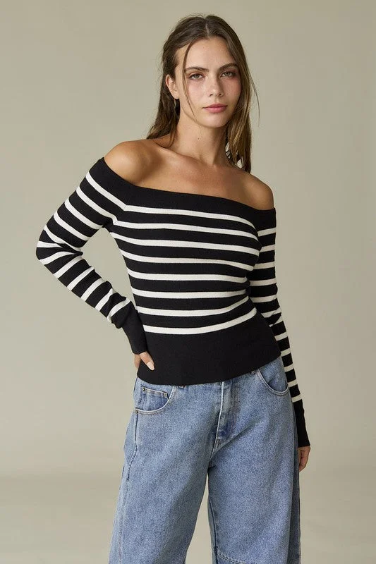 Don't Miss Out Bella Striped Off Shoulder Long Sleeve Knit Top