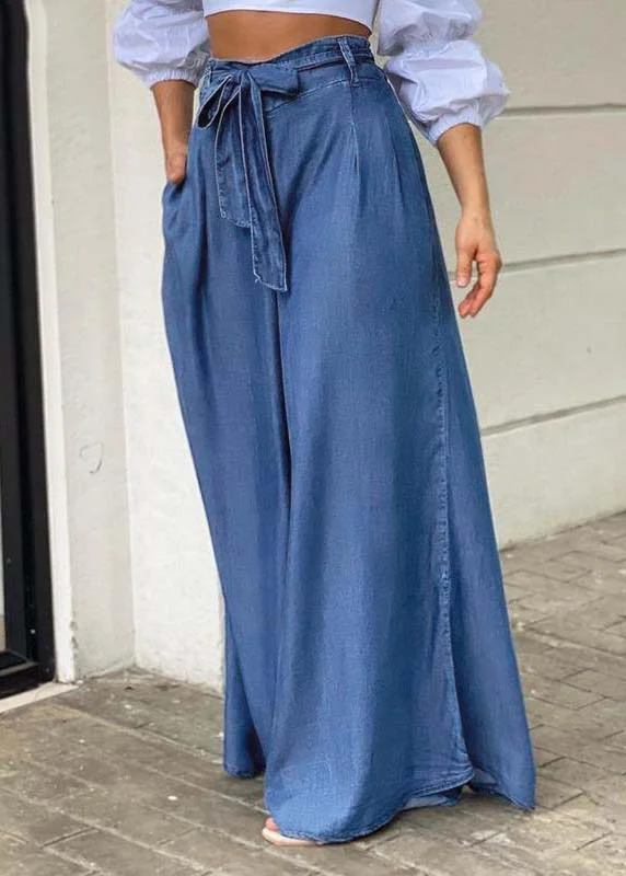 Shop the Weekend Away Italian Blue Tie Waist Oversized Denim Wide Leg Pants Trousers Summer