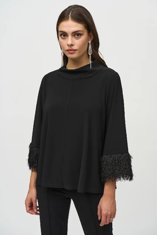 Fantastic Deals Joseph Ribkoff Black Fringe Cuffs Mock Neck Boxy Top 244195