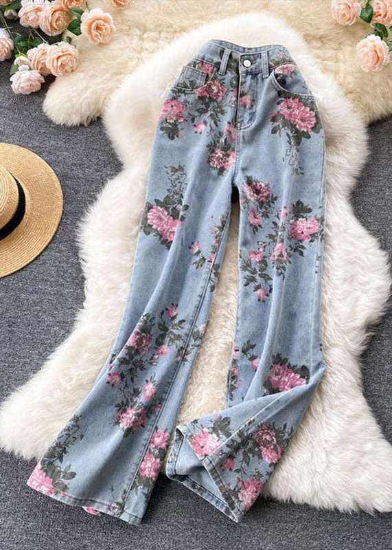 Super Bargain Italian Blue Print Pockets Patchwork Denim Straight Pants Summer