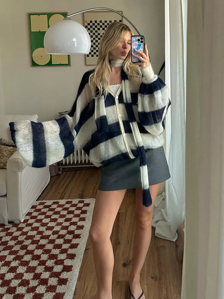 Don’t Miss Out Women Fashion Contrast Striped Knitted Cardigan With Scarf Elegant V Neck Sweater