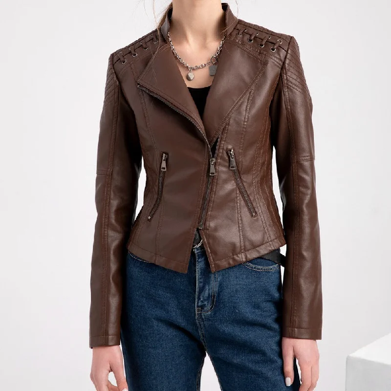 Deal Alert Slim Fit Thin Leather Coat Women's Motorcycle Clothing