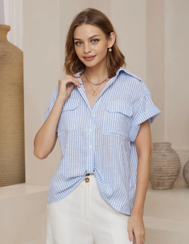 Huge Savings Melia Scoop Front Short Sleeve Shirt in Blue Stripe