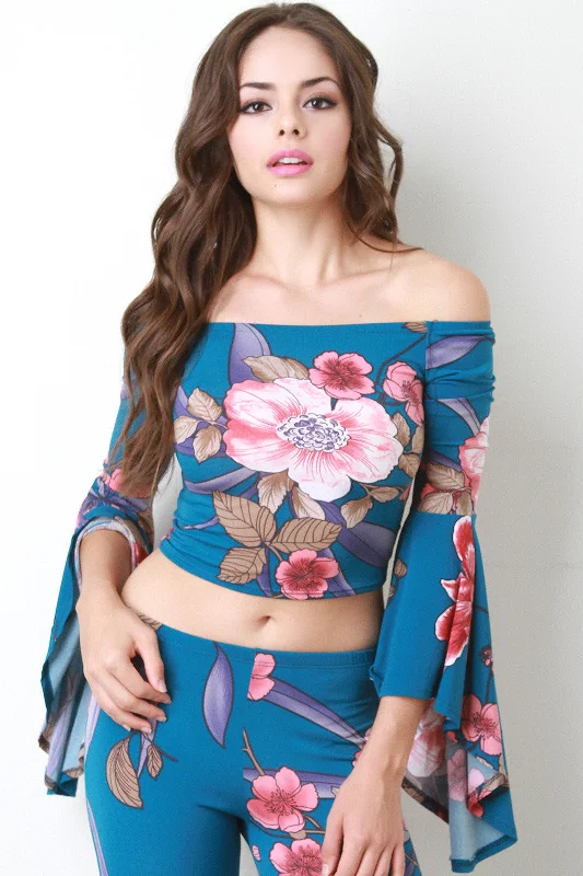 Savings Galore Bardot Bell Sleeve Floral Crop Top
