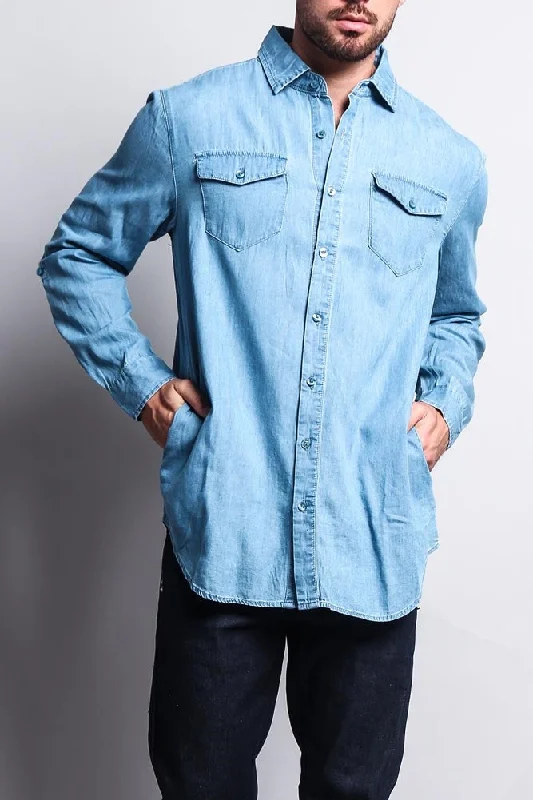 Extended Length Denim Button Up Shirt