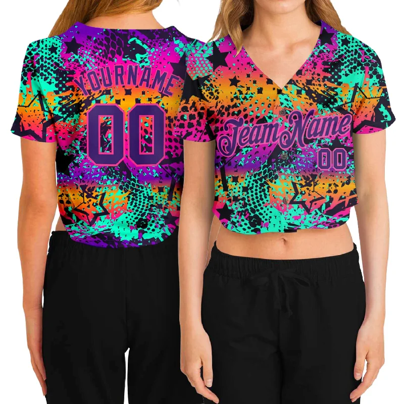 Weekend Specials to Celebrate Custom Women's Graffiti Pattern Purple-Pink Bright Neon Colors 3D V-Neck Cropped Baseball Jersey